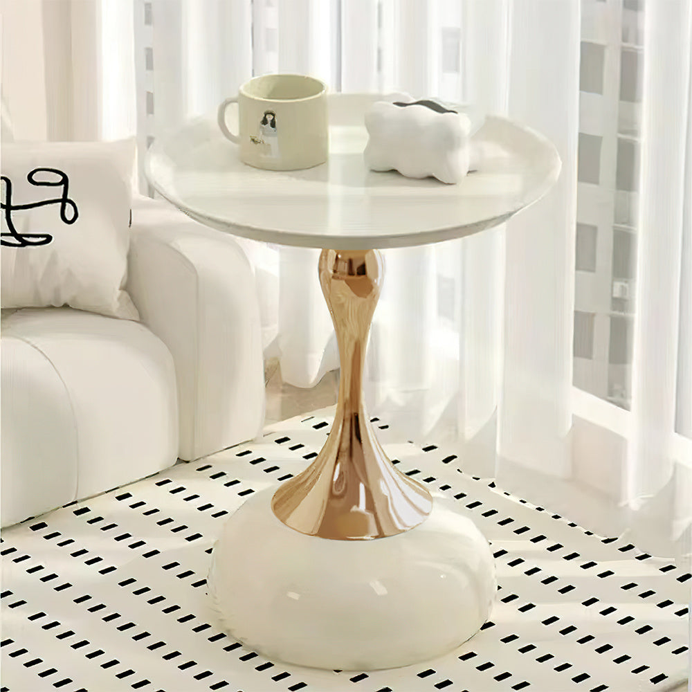 Side Table with Easy Assembly, Small Round Coffee White Gold Pedestal