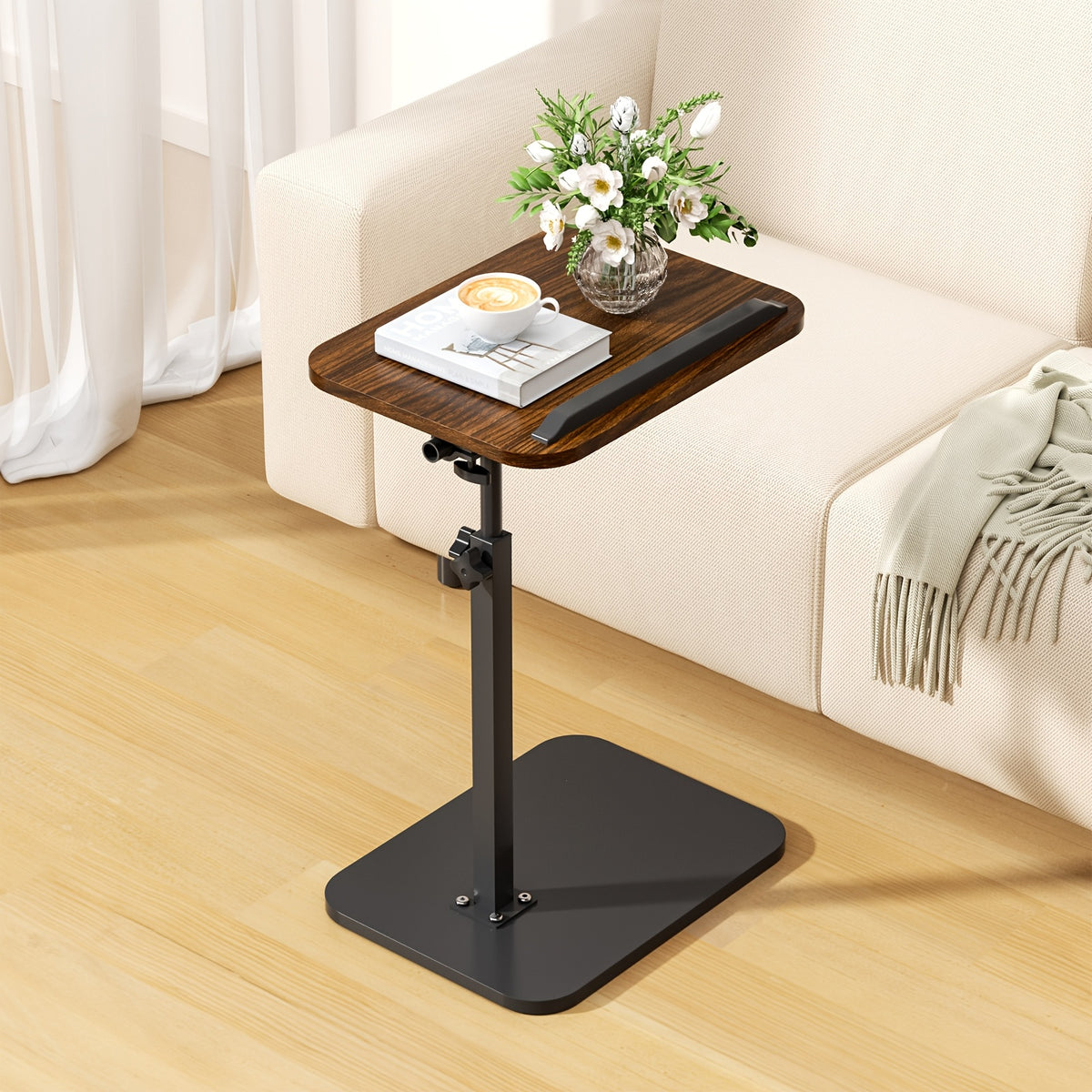 Side Table with Space-Saving, Adjustable Height, Wood