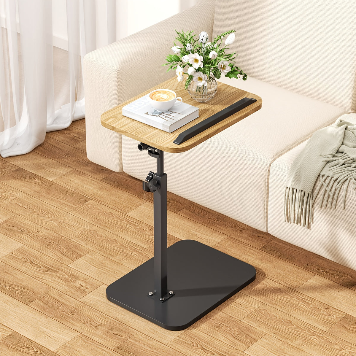 Side Table with Space-Saving, Adjustable Height, Wood - Wood + Black option