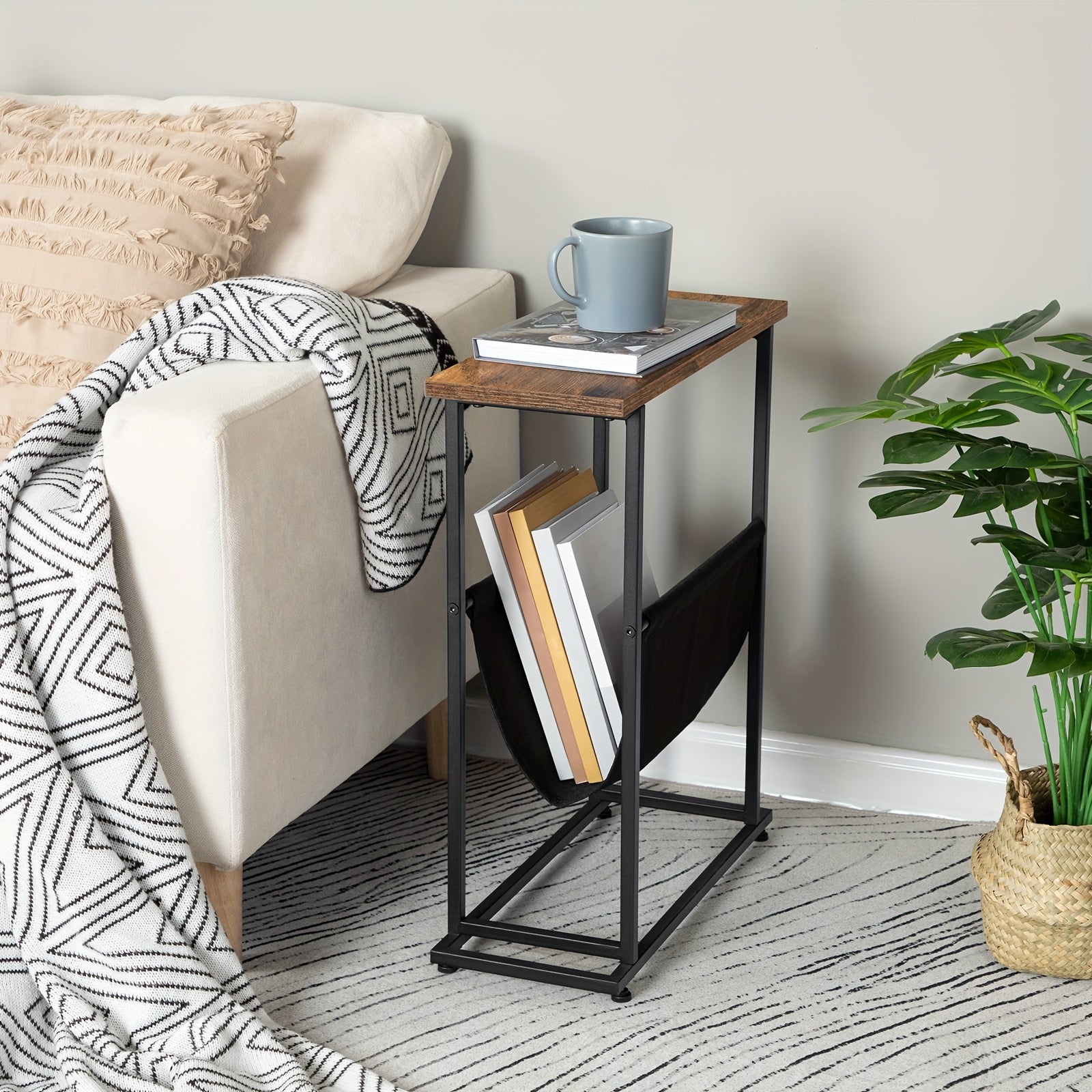 Side Table with Space-Saving, Easy Assembly, Metal, Wood