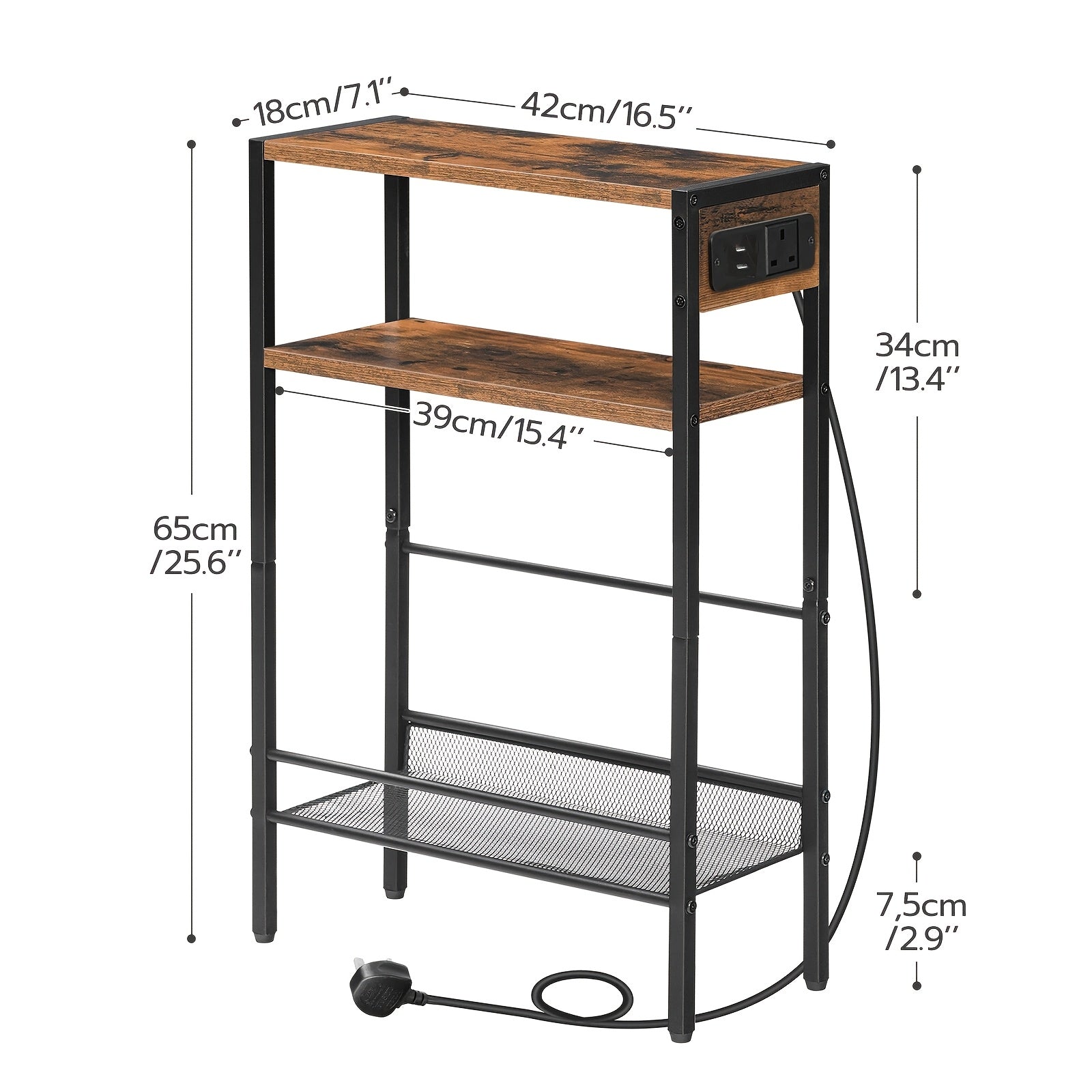 Side Table with Space-Saving, Easy Assembly, Slim Charging Station 3-Tier Narrow End - Brown option