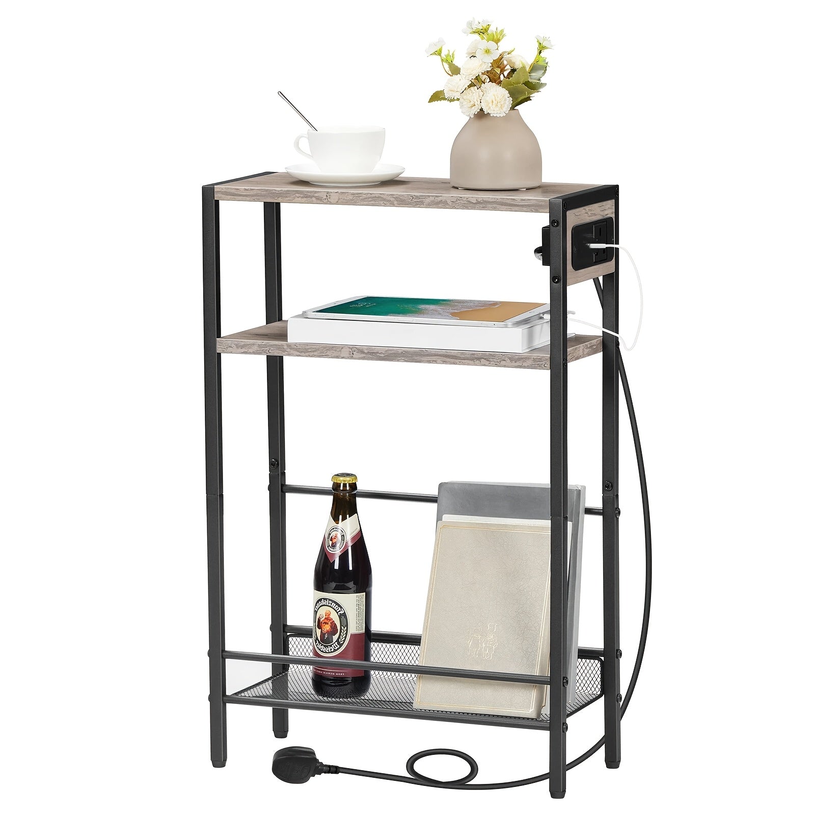 Side Table with Space-Saving, Easy Assembly, Slim Charging Station 3-Tier Narrow End - Grey option