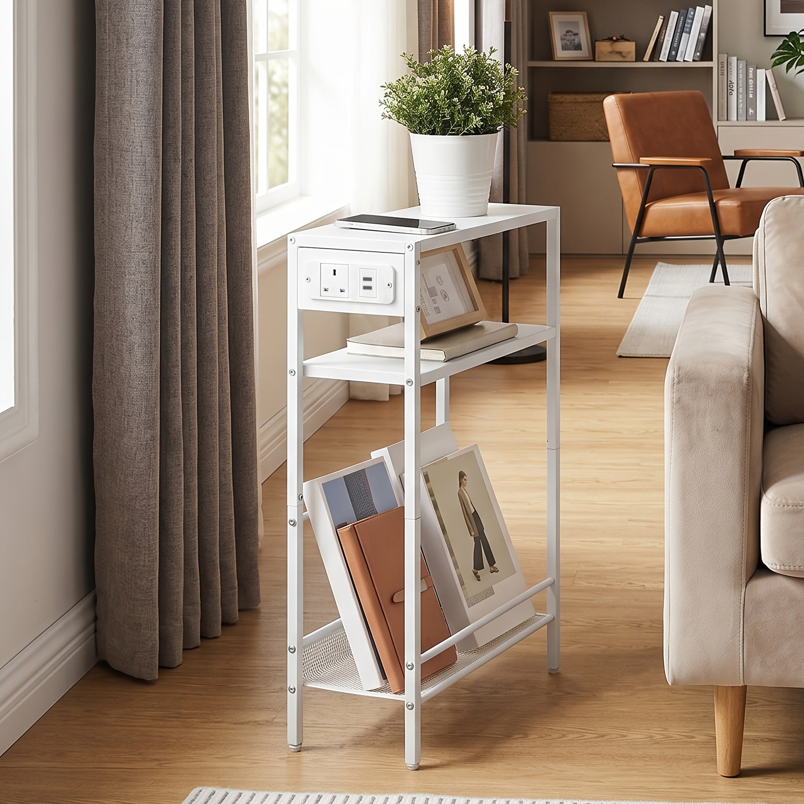 Side Table with Space-Saving, Easy Assembly, Slim Charging Station 3-Tier Narrow End