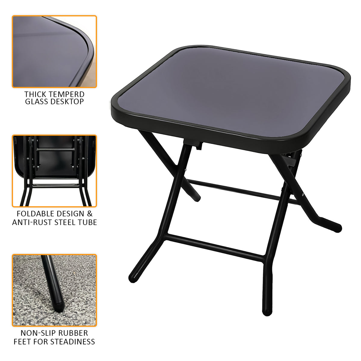 Side Table with Space-Saving, Foldable, Wood, Folding Garden Tempered Glass Top Black - product gallery image 7