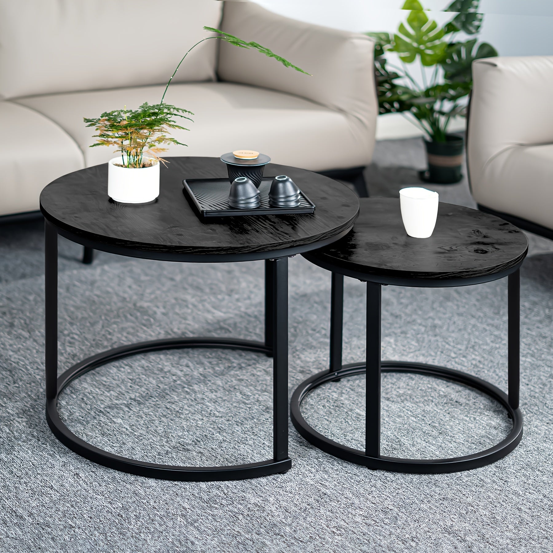 Side Table with Space-Saving, Metal, Nesting Tables of Round Coffee Metal - Black option
