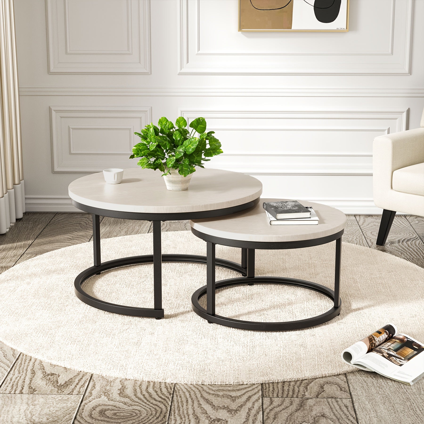 Side Table with Space-Saving, Metal, Nesting Tables of Round Coffee Metal