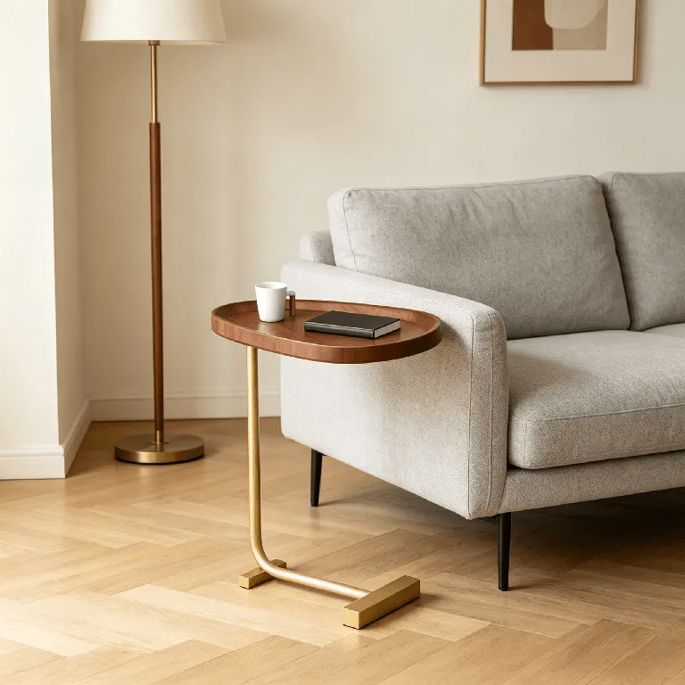 Side Table with Wood Top Gold Steel Frame C-Shaped - product gallery image 9