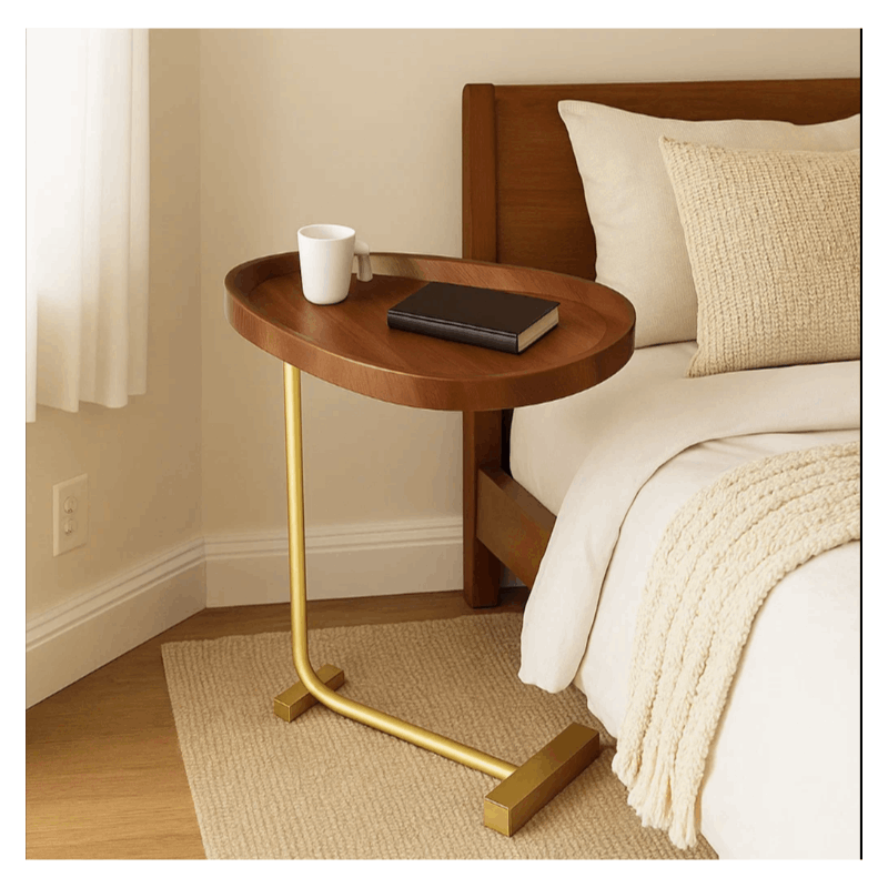 Side Table with Wood Top Gold Steel Frame C-Shaped