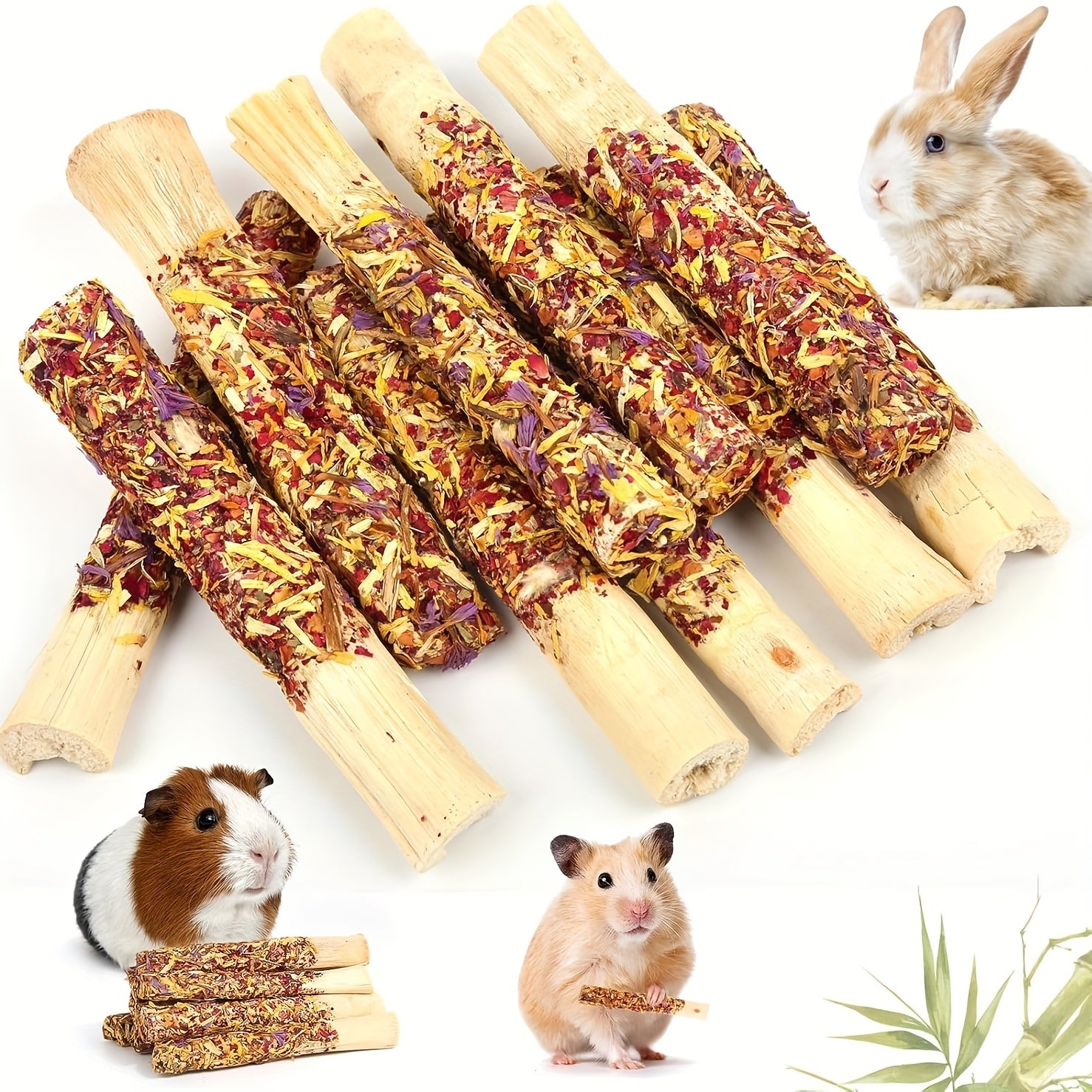 Small Animal Chew Toy with Wood, Natural Apple Wood Sticks Rabbits Hamsters - 10 PCS-Bamboo&Flower option