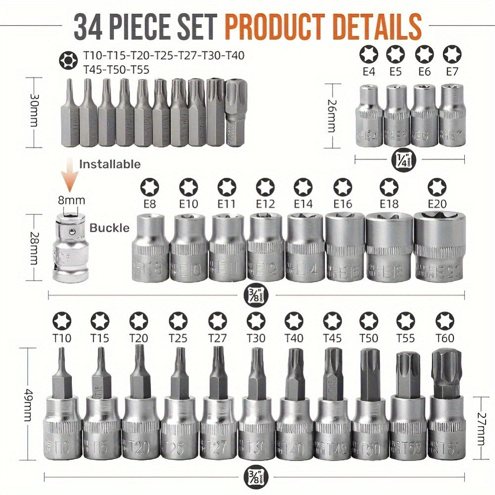 Socket Set with 34-Piece E-Torx Star Chrome Vanadium Steel - product gallery image 4