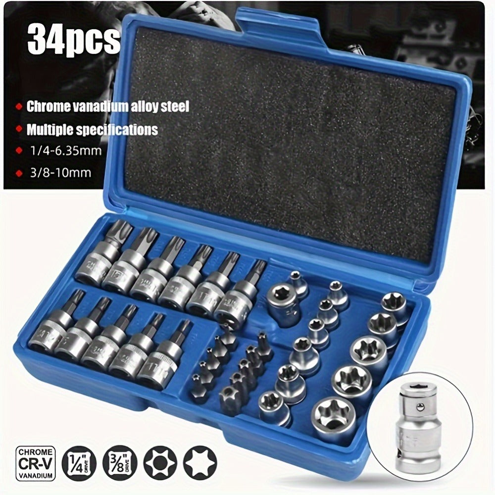 Socket Set with 34-Piece E-Torx Star Chrome Vanadium Steel