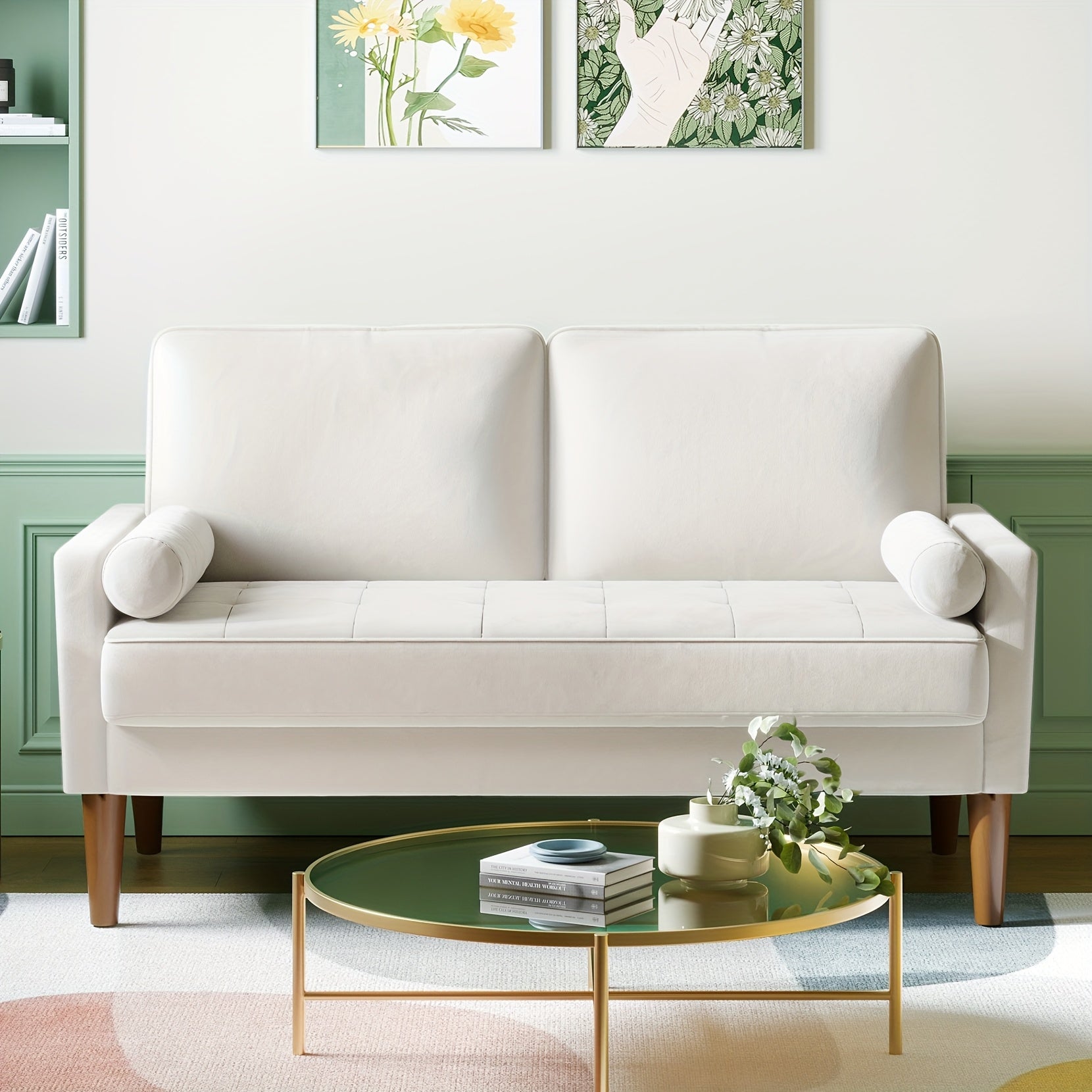 Sofa with Non-Slip, 400kg, Wood, Seater Velvet Beige Small Loveseat Couch