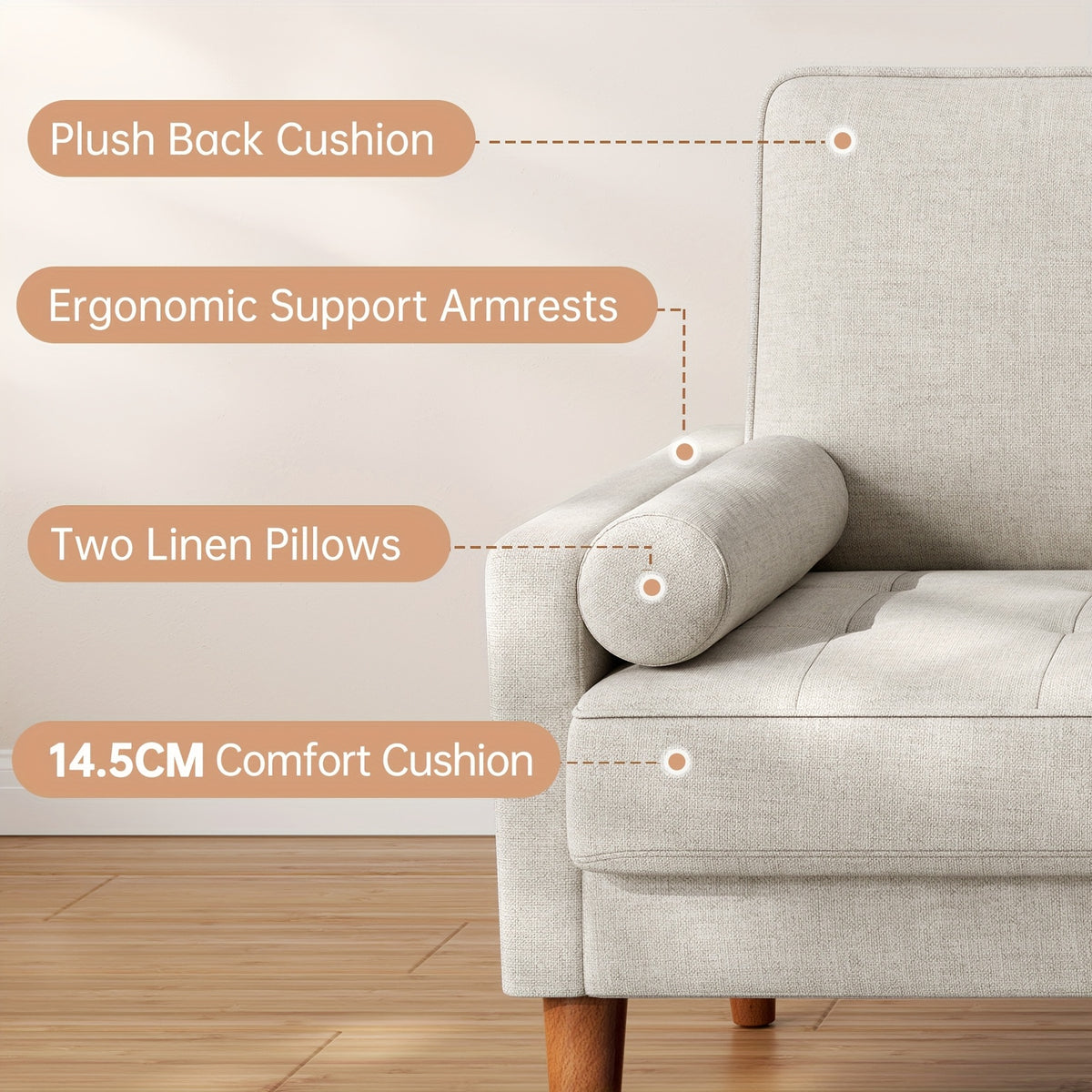Sofa with Seater Linen Spring Cushion High Resilience - product gallery image 6
