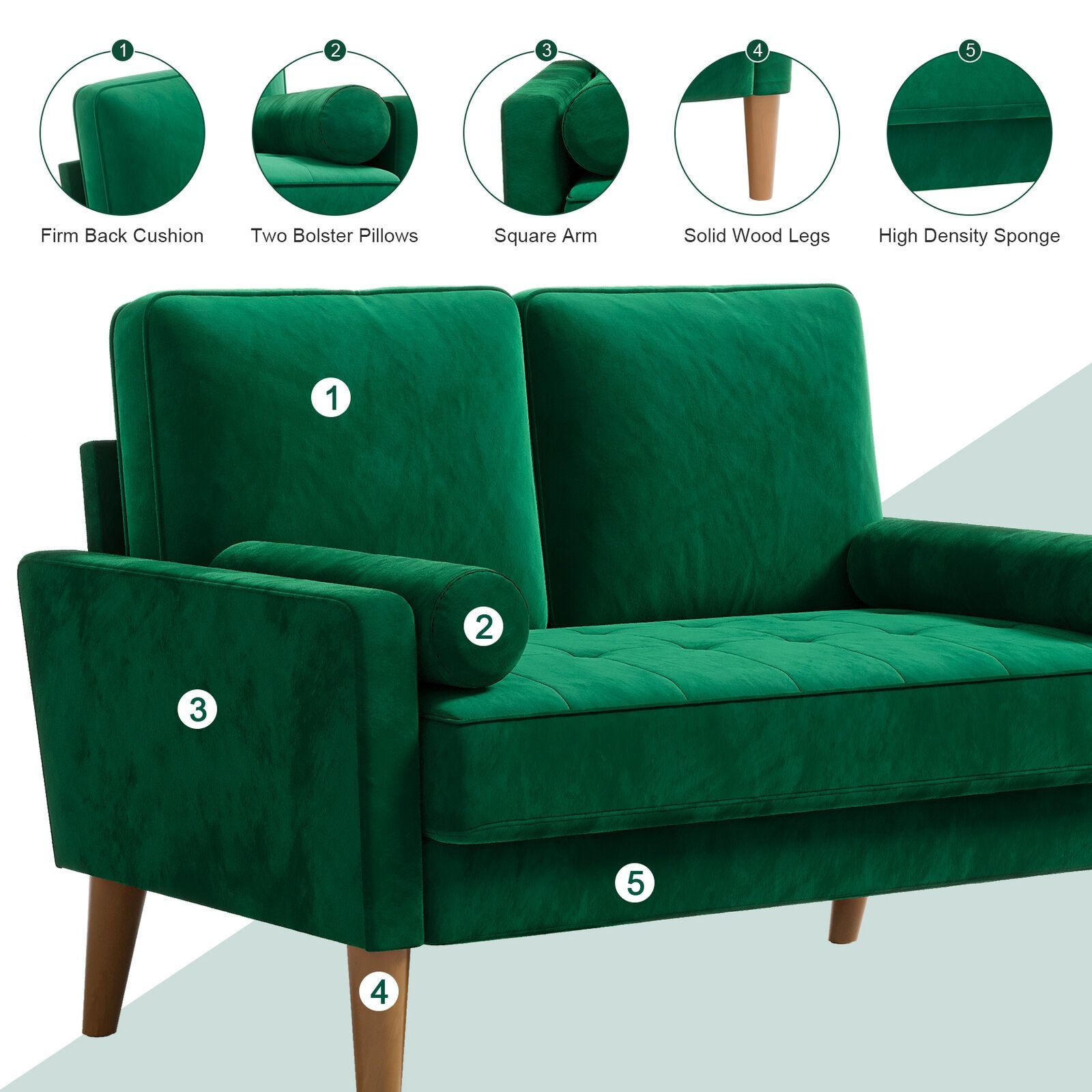 Sofa with Velvet, Small Modern Velvet 2-Seater Tufted Loveseat - product gallery image 2