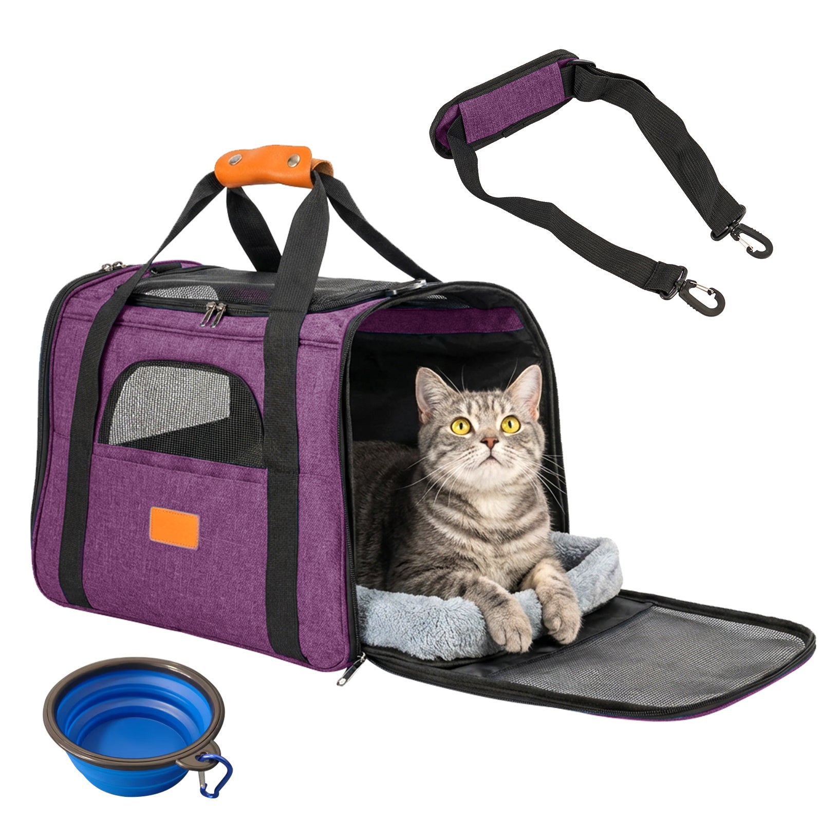 Soft Pet Carrier with 44cm, Mesh Bag Purple Travel Bowl - product gallery image 8