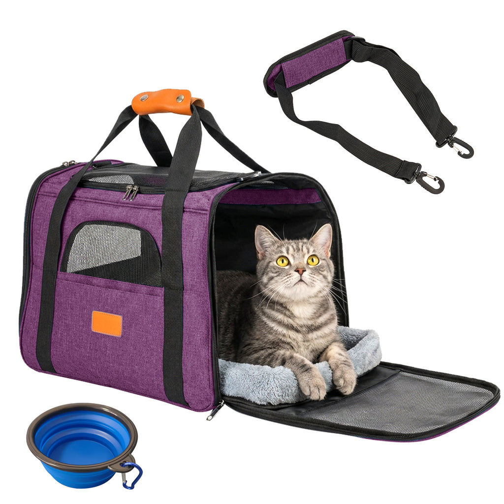 Soft Pet Carrier with 44cm, Mesh Bag Purple Travel Bowl