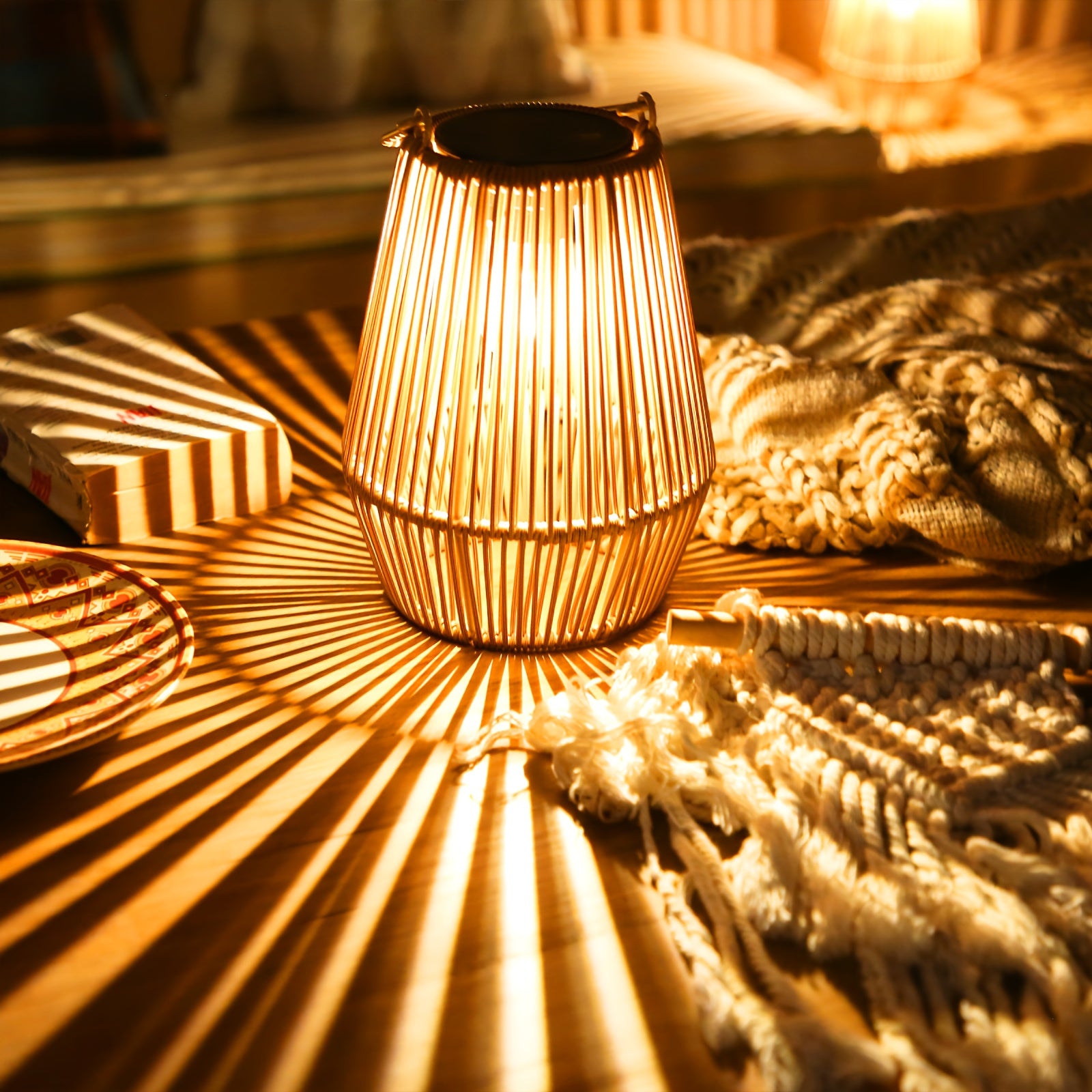 Solar Lantern with Metal, Powered Rattan Lanterns Minimalist Indoor - product gallery image 2