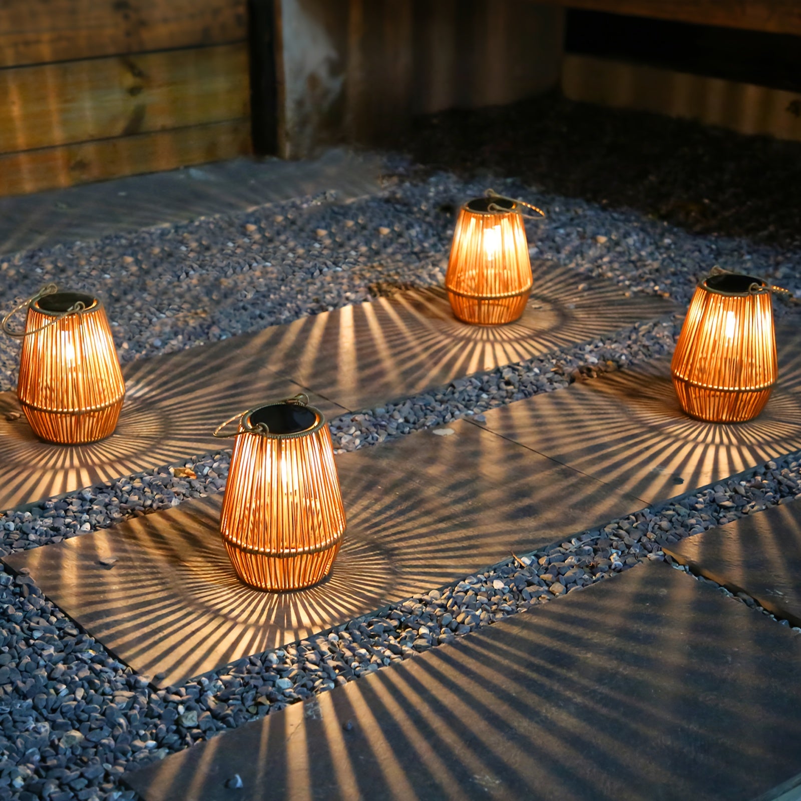Solar Lantern with Metal, Powered Rattan Lanterns Minimalist Indoor - Four Pieces Of Rattan Lanterns option