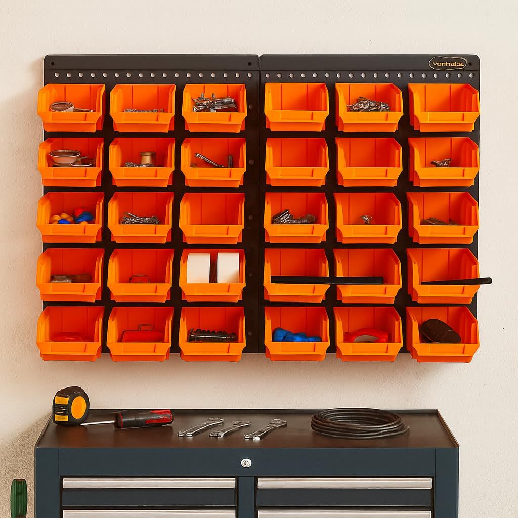 Storage Bin with Wall-Mounted, Plastic, 32pc Wall Mounted Bins Garage Organiser - product gallery image 23