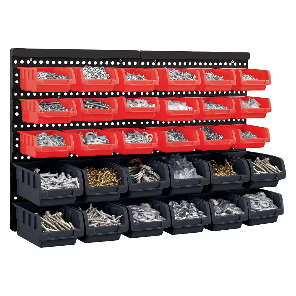 Storage Bin with Wall-Mounted, Plastic, 32pc Wall Mounted Bins Garage Organiser