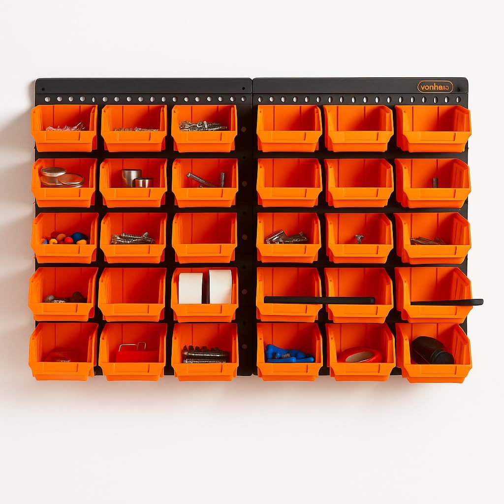 Storage Bin with Wall-Mounted, Plastic, 32pc Wall Mounted Bins Garage Organiser - Orange option