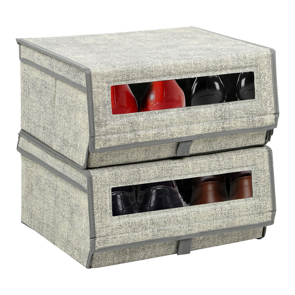 Storage Box with 2, Stackable Fabric Shoe Boxes of Lid