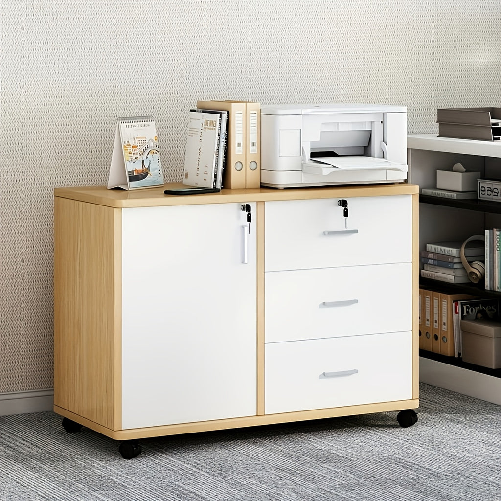 Storage Cabinet with Easy Assembly, Wheels, Lockable, Wood - 60*36cm three drawers and one door option