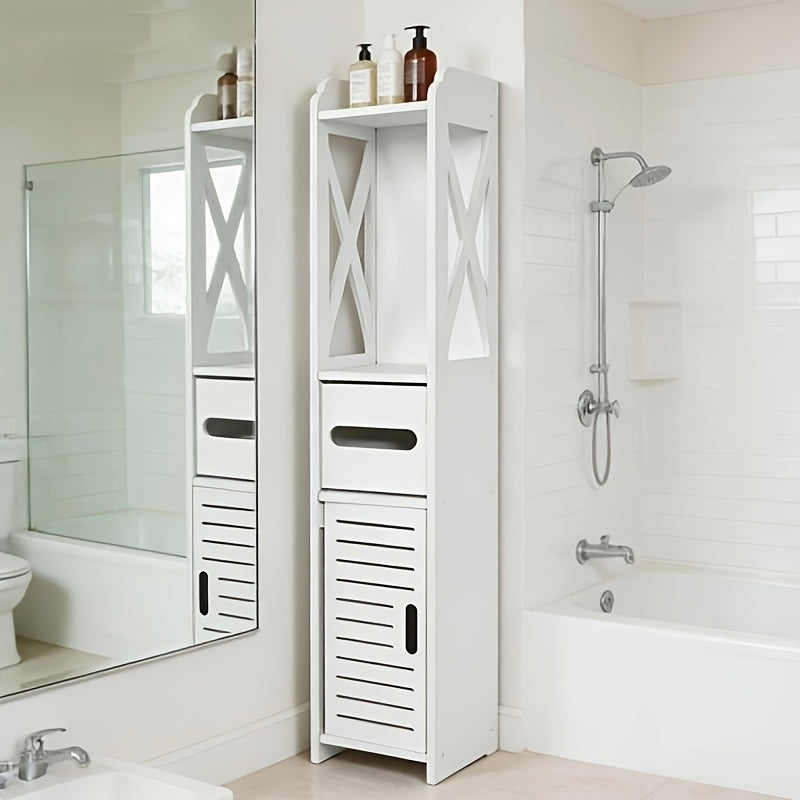 Storage Cabinet with Pull-Out, Wood, Slim Wooden Bathroom Floor Standing White - product gallery image 10