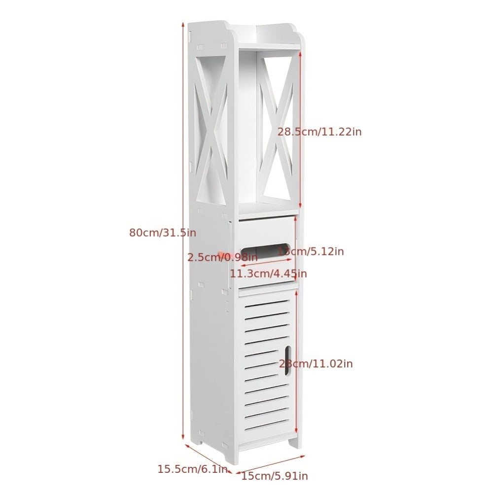Storage Cabinet with Pull-Out, Wood, Slim Wooden Bathroom Floor Standing White - product gallery image 2