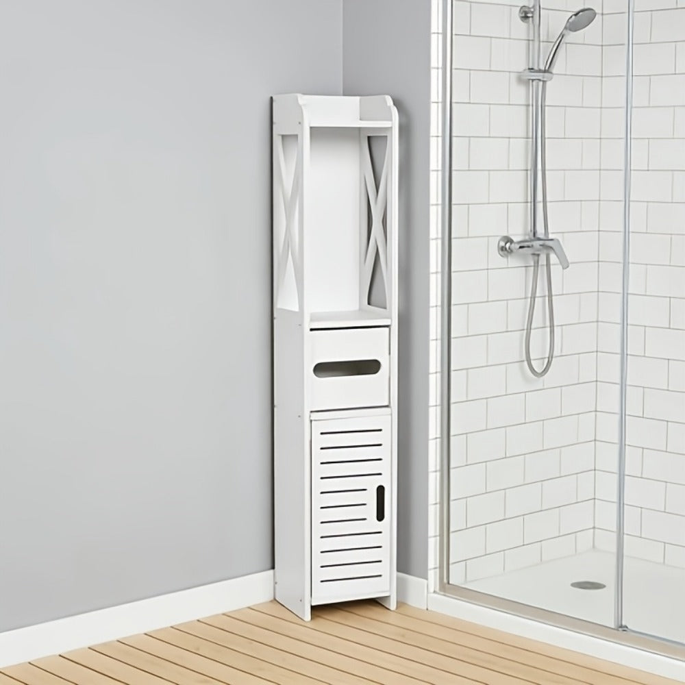 Storage Cabinet with Pull-Out, Wood, Slim Wooden Bathroom Floor Standing White - product gallery image 3