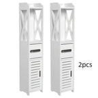 Storage Cabinet with Pull-Out, Wood, Slim Wooden Bathroom Floor Standing White - product gallery image 4