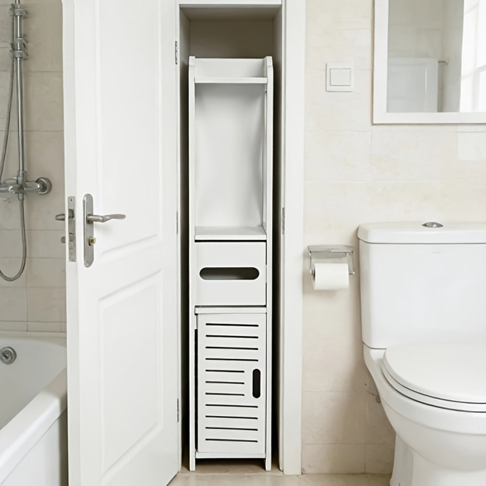 Storage Cabinet with Pull-Out, Wood, Slim Wooden Bathroom Floor Standing White - product gallery image 5
