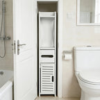Storage Cabinet with Pull-Out, Wood, Slim Wooden Bathroom Floor Standing White - product gallery image 5