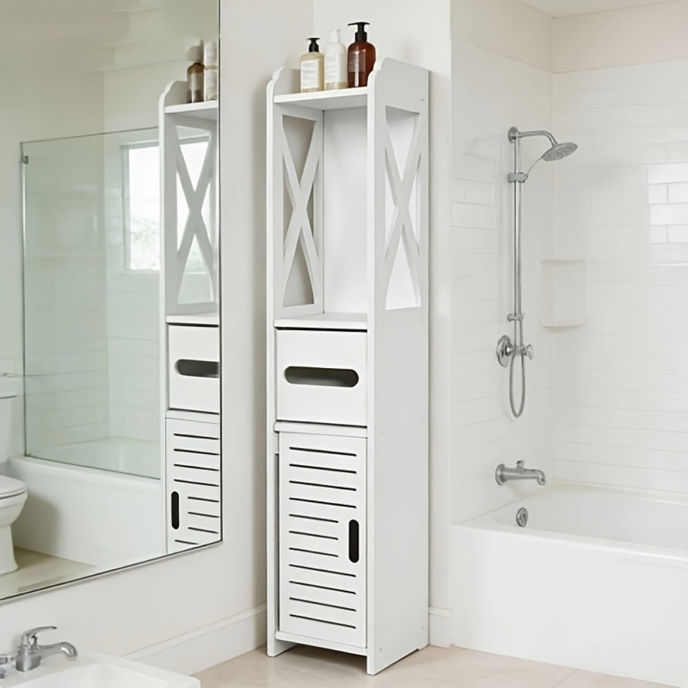 Storage Cabinet with Pull-Out, Wood, Slim Wooden Bathroom Floor Standing White - product gallery image 6
