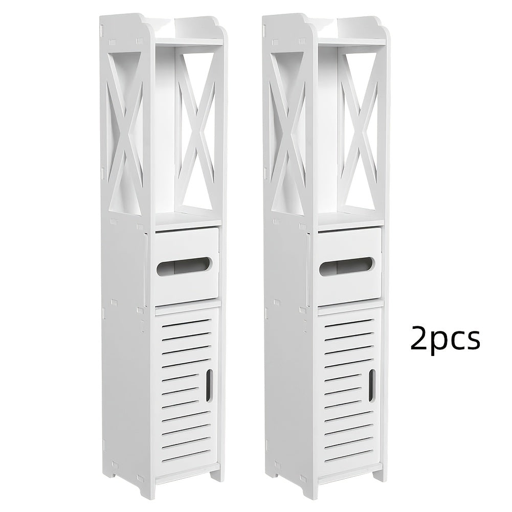 Storage Cabinet with Pull-Out, Wood, Slim Wooden Bathroom Floor Standing White - product gallery image 9