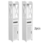 Storage Cabinet with Pull-Out, Wood, Slim Wooden Bathroom Floor Standing White - product gallery image 9