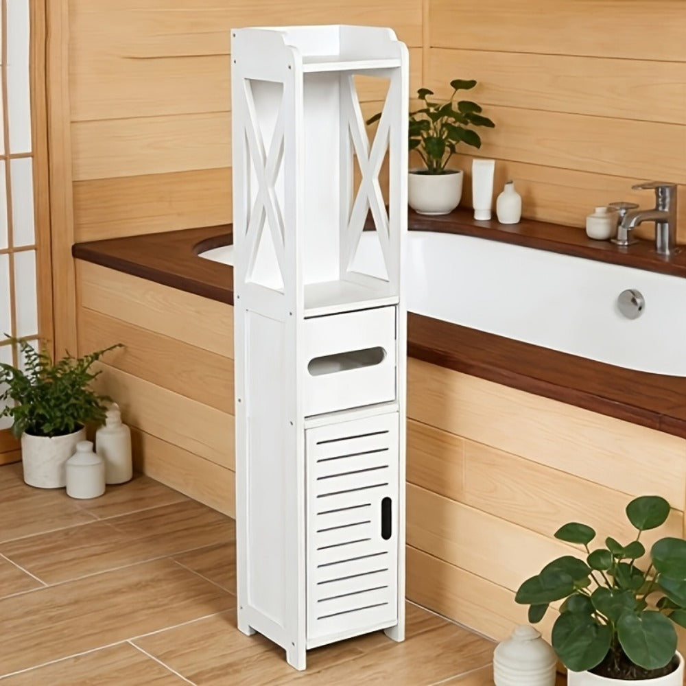 Storage Cabinet with Pull-Out, Wood, Slim Wooden Bathroom Floor Standing White