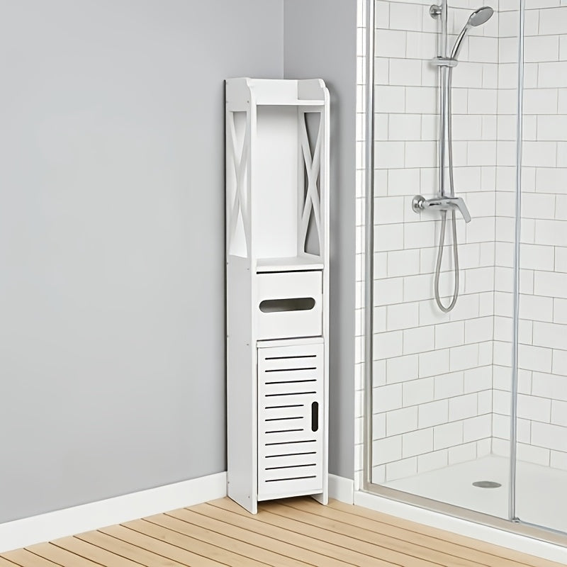 Storage Cabinet with Pull-Out, Wood, Slim Wooden Bathroom Floor Standing White - White option
