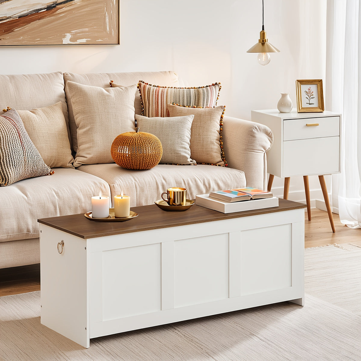 Storage Chest with 100cm, Wood, Bench Rustic Brown, Blanket Box Safety - product gallery image 2