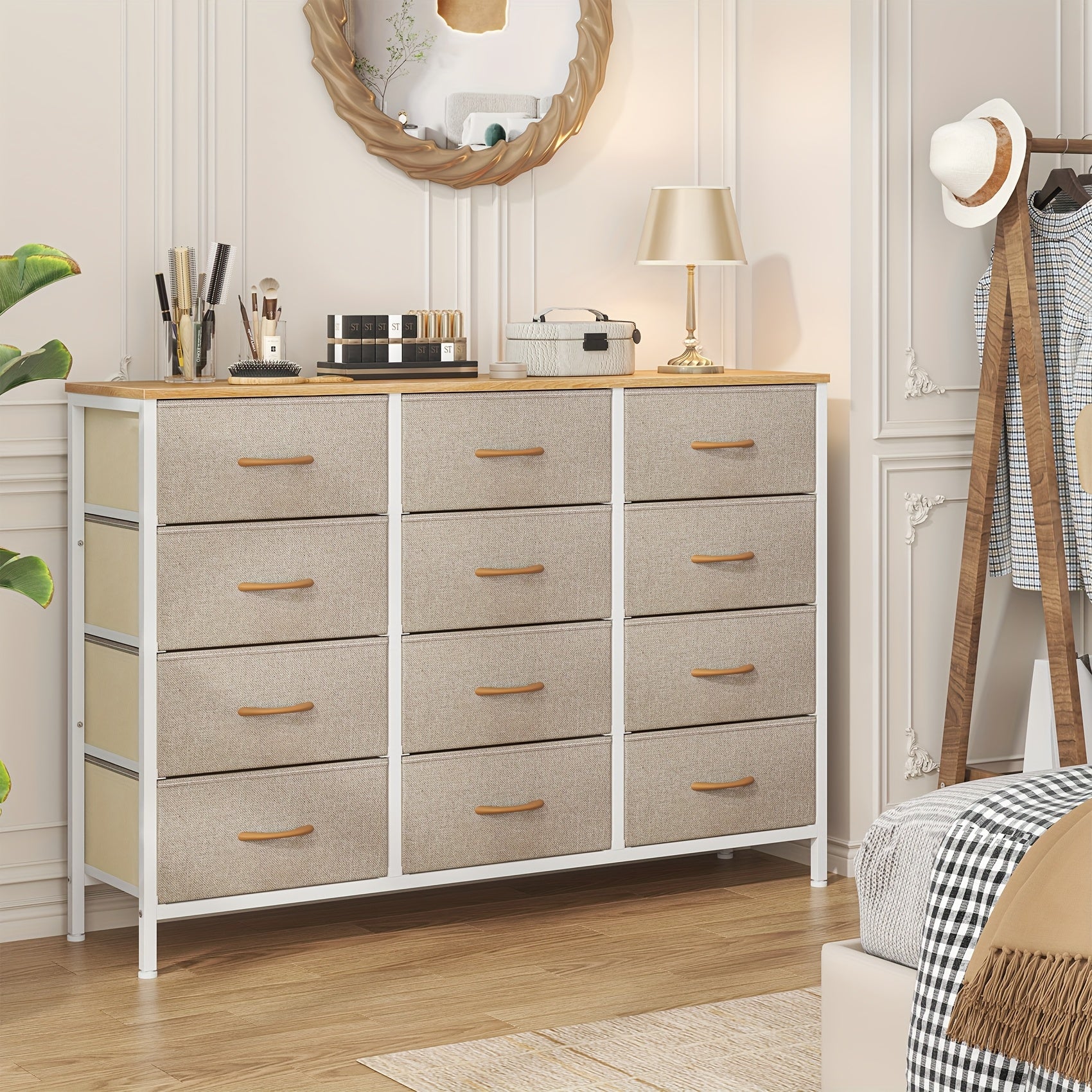 Storage & Organisation with 12-Drawer Fabric Chest Tall Bedroom Unit - Beige option
