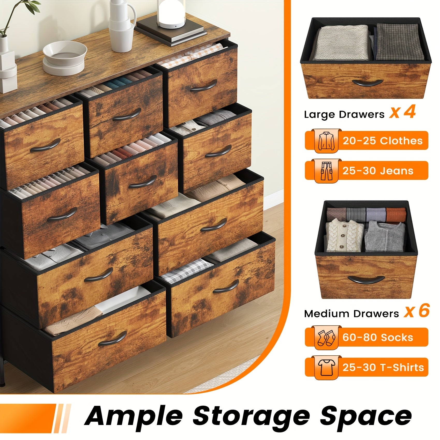 Storage & Organisation with Metal, 10-Drawer Fabric Dresser Metal Frame MDF - product gallery image 4