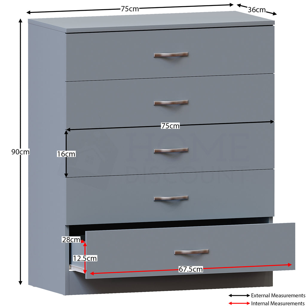 Storage & Organisation with Metal, Five-Drawer Chest Metal Handles Support Rail - product gallery image 4