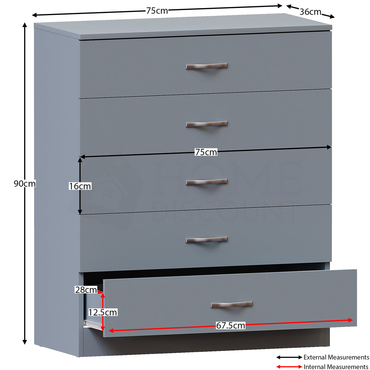 Storage & Organisation with Metal, Five-Drawer Chest Metal Handles Support Rail - product gallery image 4