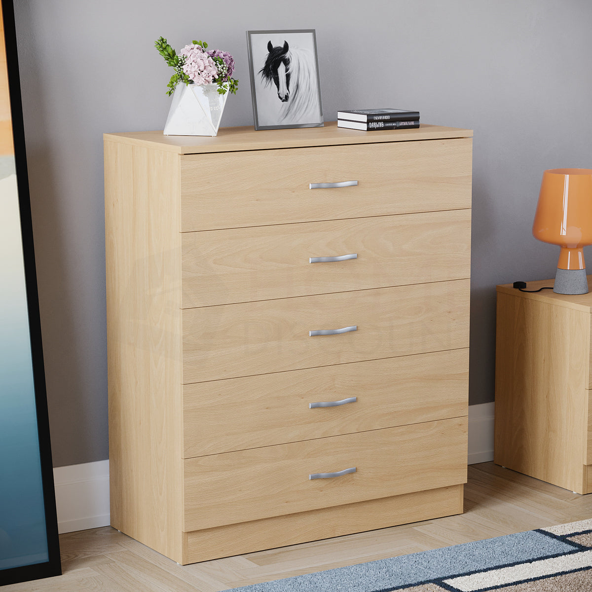 Storage & Organisation with Metal, Five-Drawer Chest Metal Handles Support Rail - Pine option