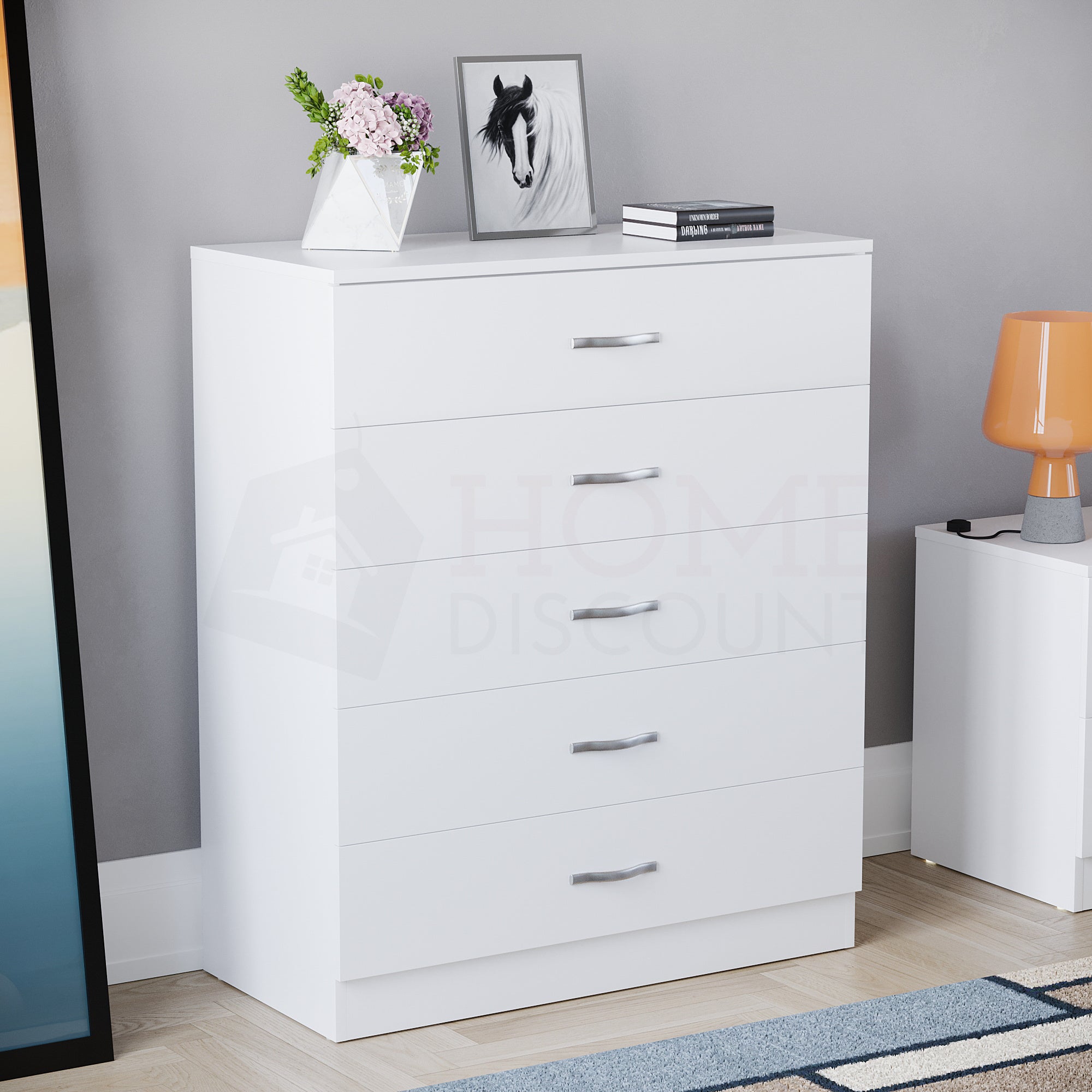Storage & Organisation with Metal, Five-Drawer Chest Metal Handles Support Rail - White option