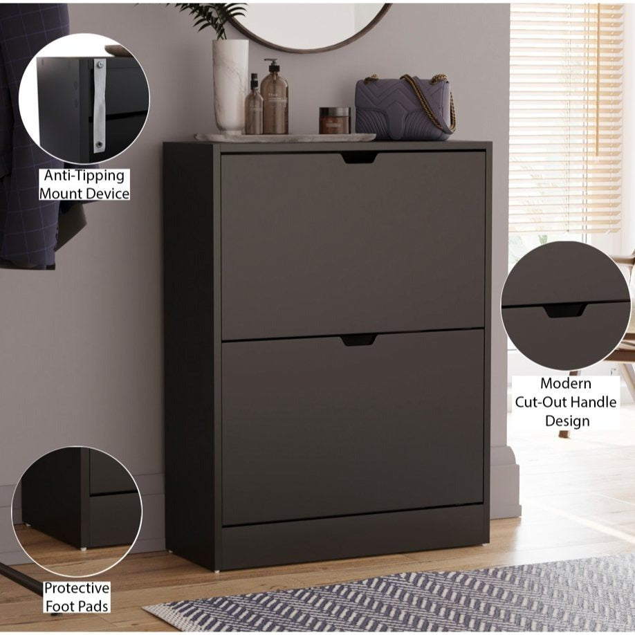Storage Organiser with 8 Pairs, 2-Drawer Shoe Cabinet Cut-Out Handles Slim - product gallery image 9