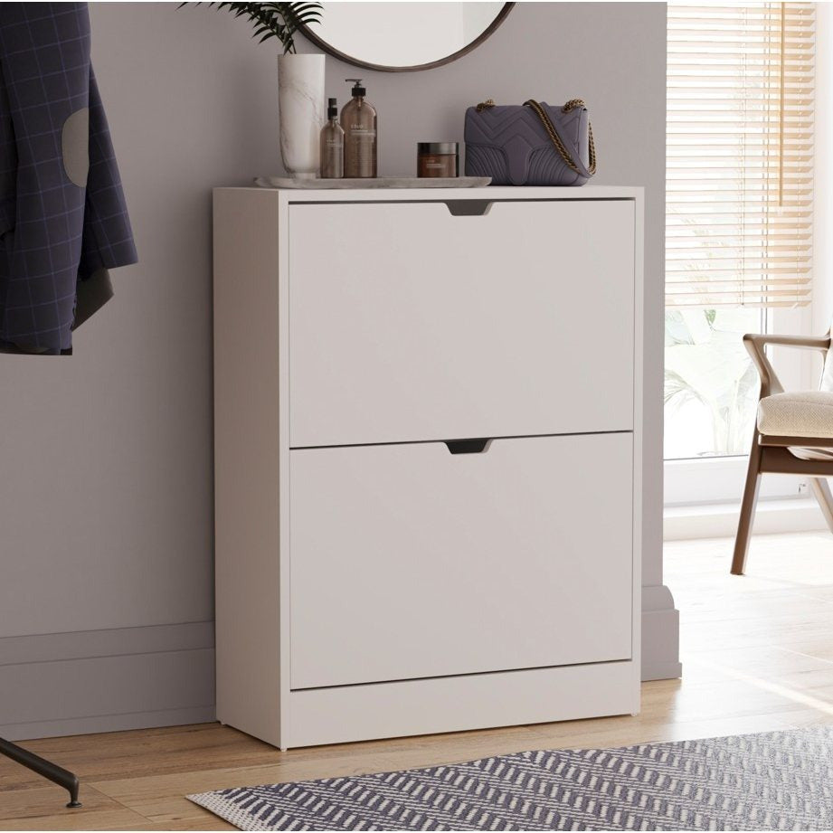 Storage Organiser with 8 Pairs, 2-Drawer Shoe Cabinet Cut-Out Handles Slim