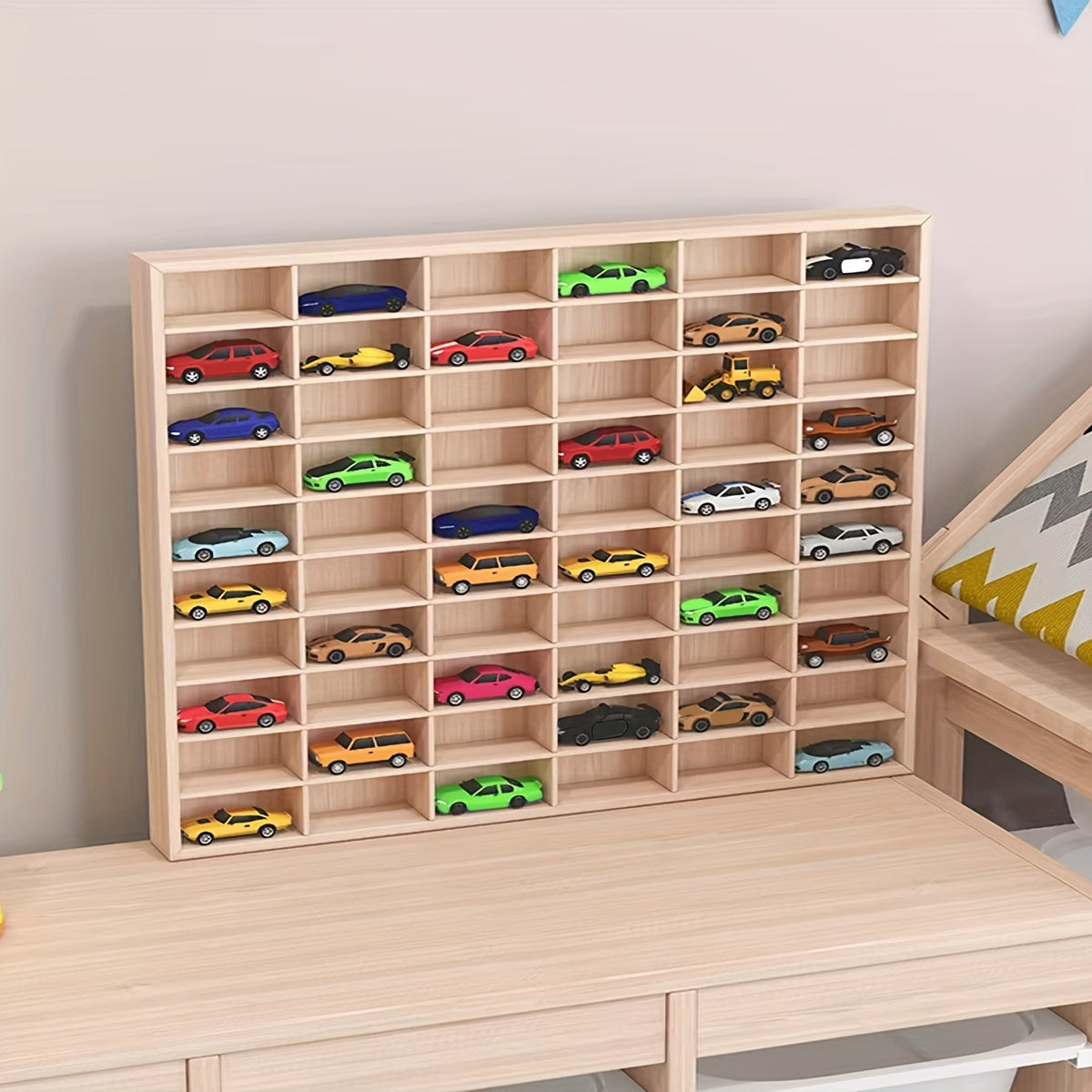 Storage Organiser with Wall-Mounted, Wheels, Wood, Wooden Car Model Display Rack Grid