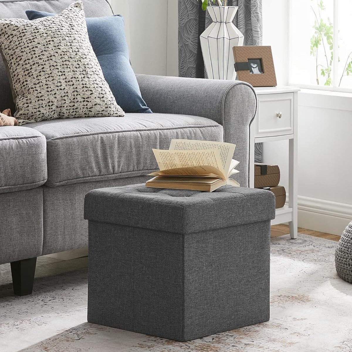 Storage Ottoman with 300kg, 38x38x38 cm, Padded Footstool Lid Capacity, Holds