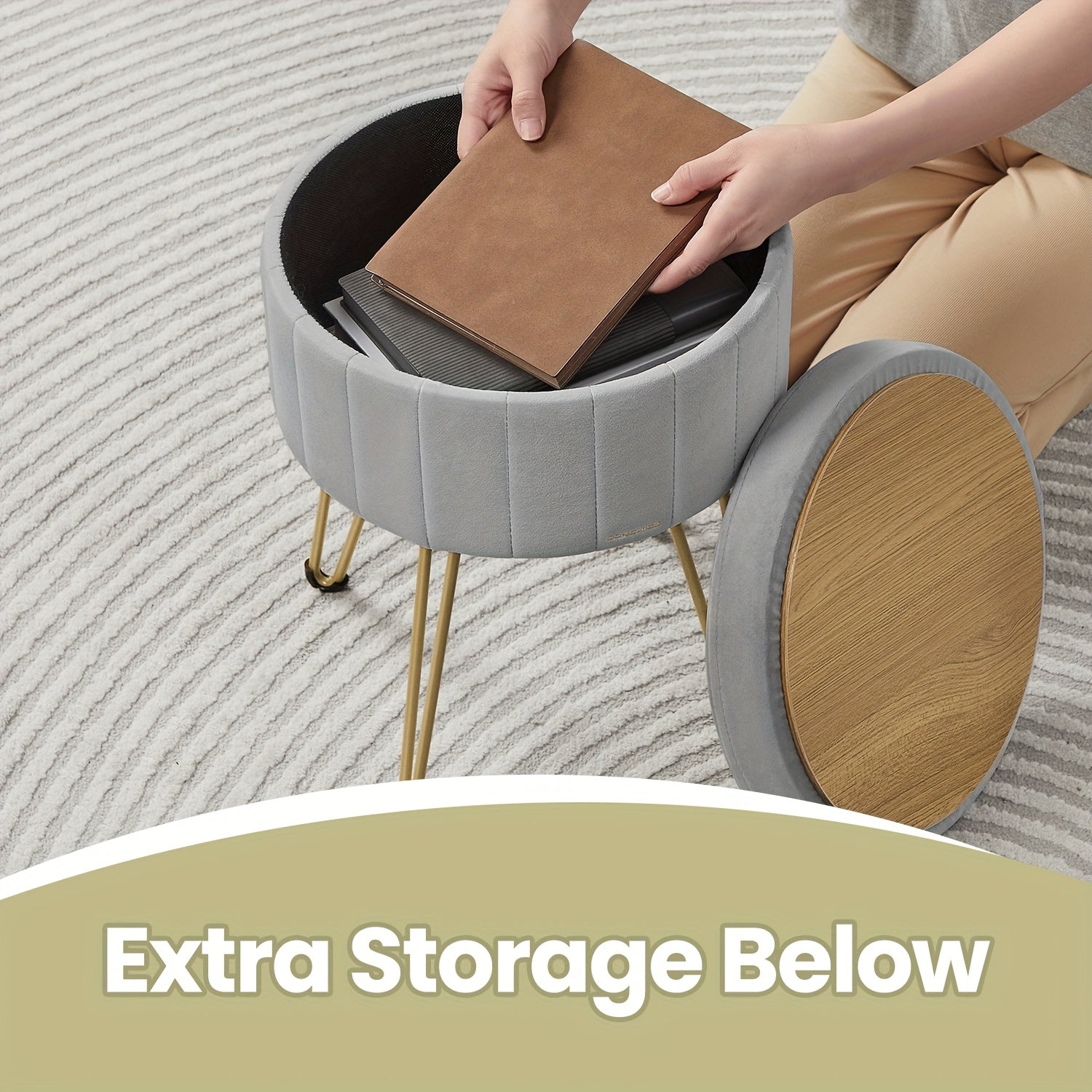 Storage Ottoman with Easy Assembly, Metal, Velvet Round Dressing Table Stool Metal - product gallery image 3